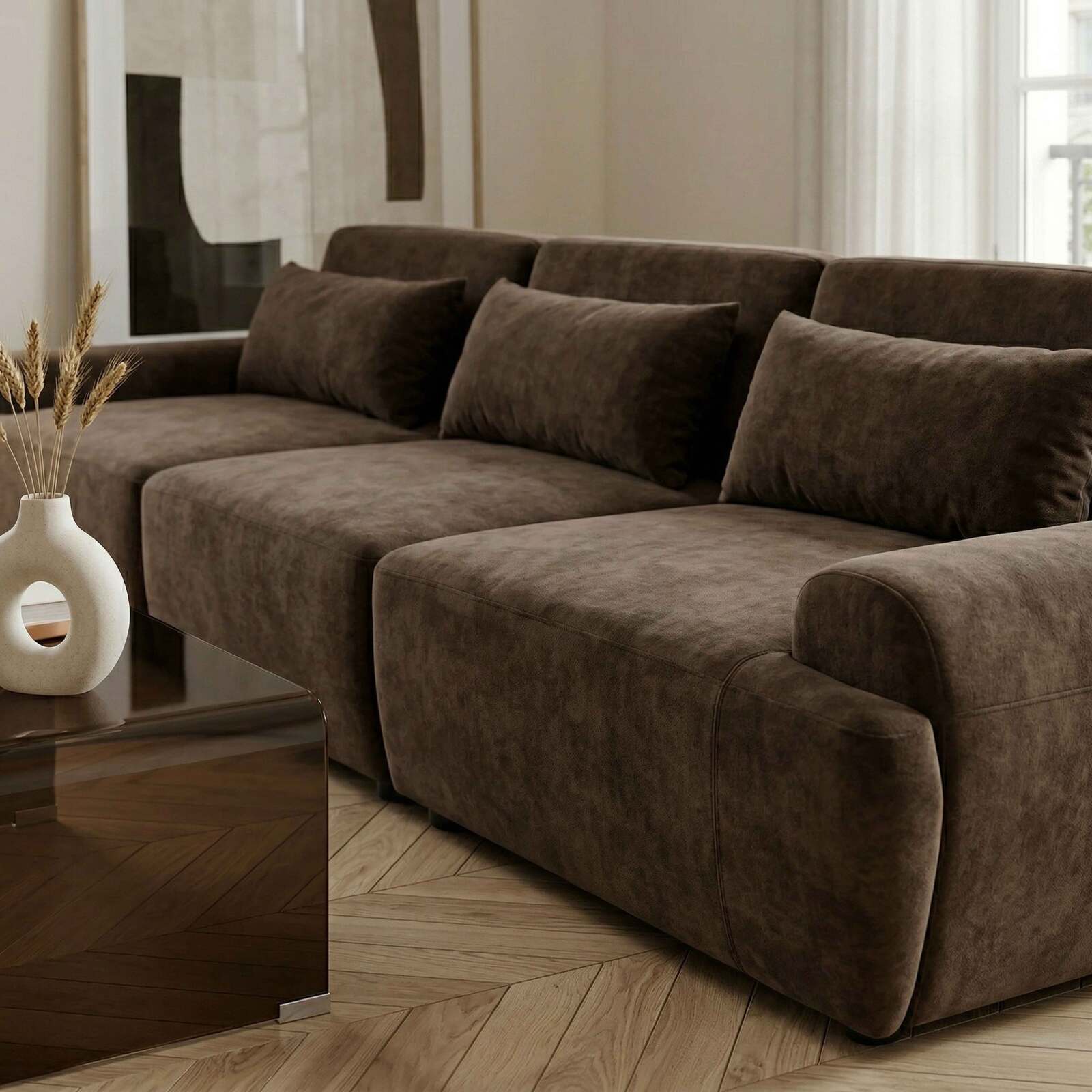 Sofá modular de 3 plazas de tela con cojines