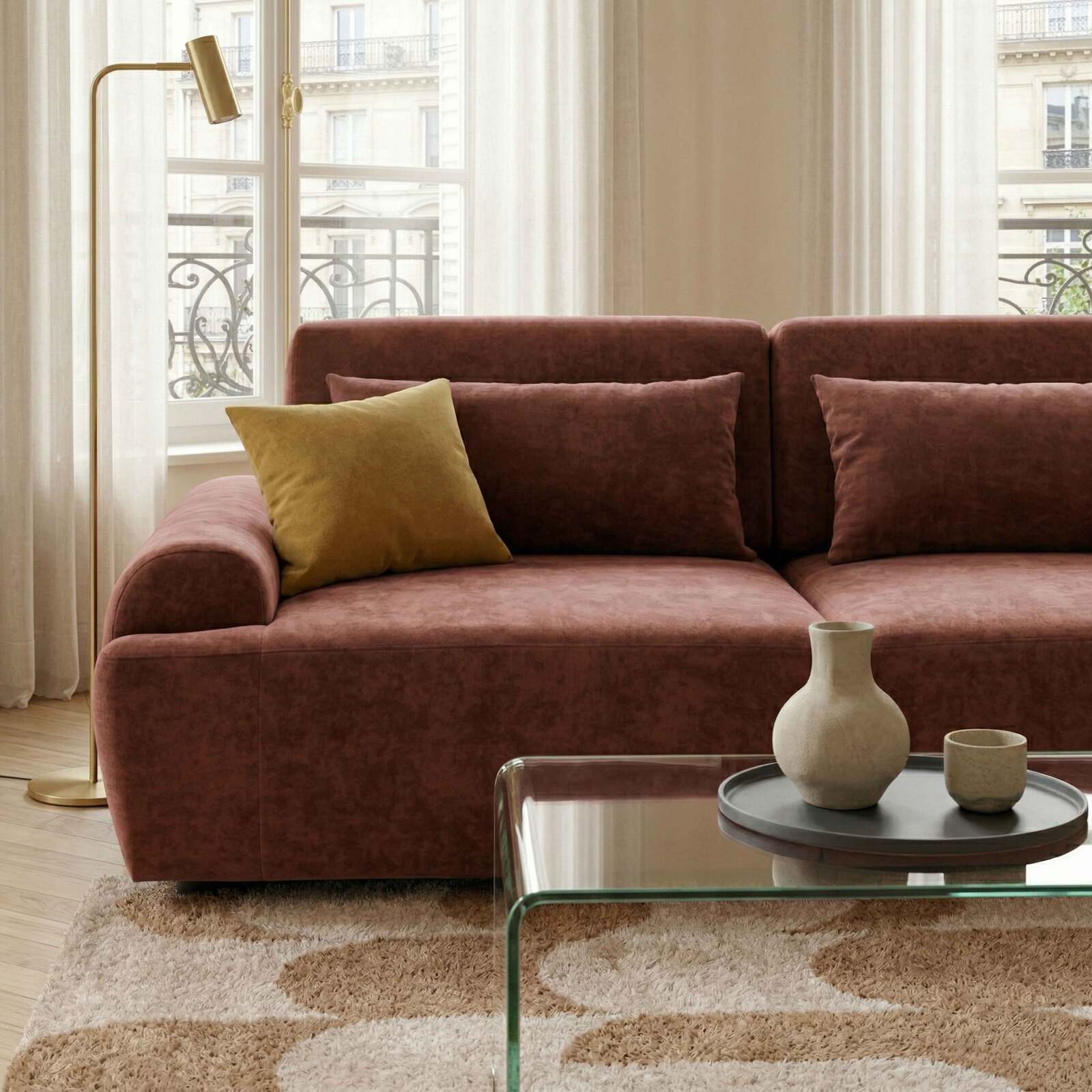 Sofá modular de 3 plazas de tela con cojines