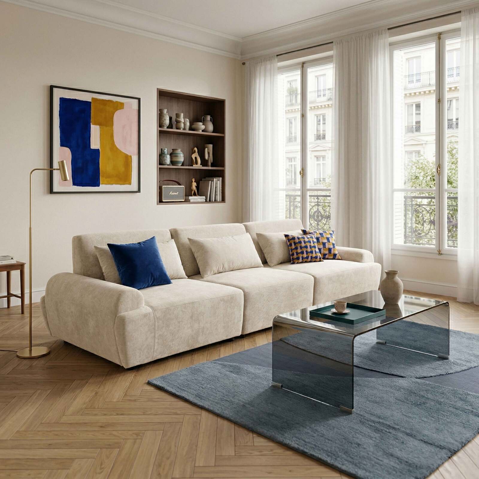 Sofá modular de 3 plazas de tela con cojines