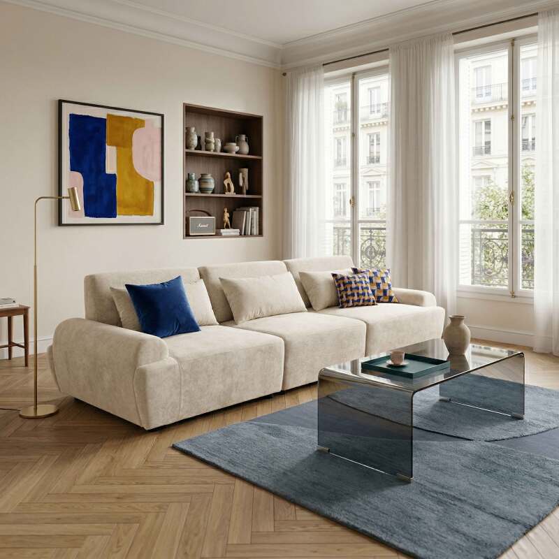 Sofá modular de 3 plazas de tela con cojines