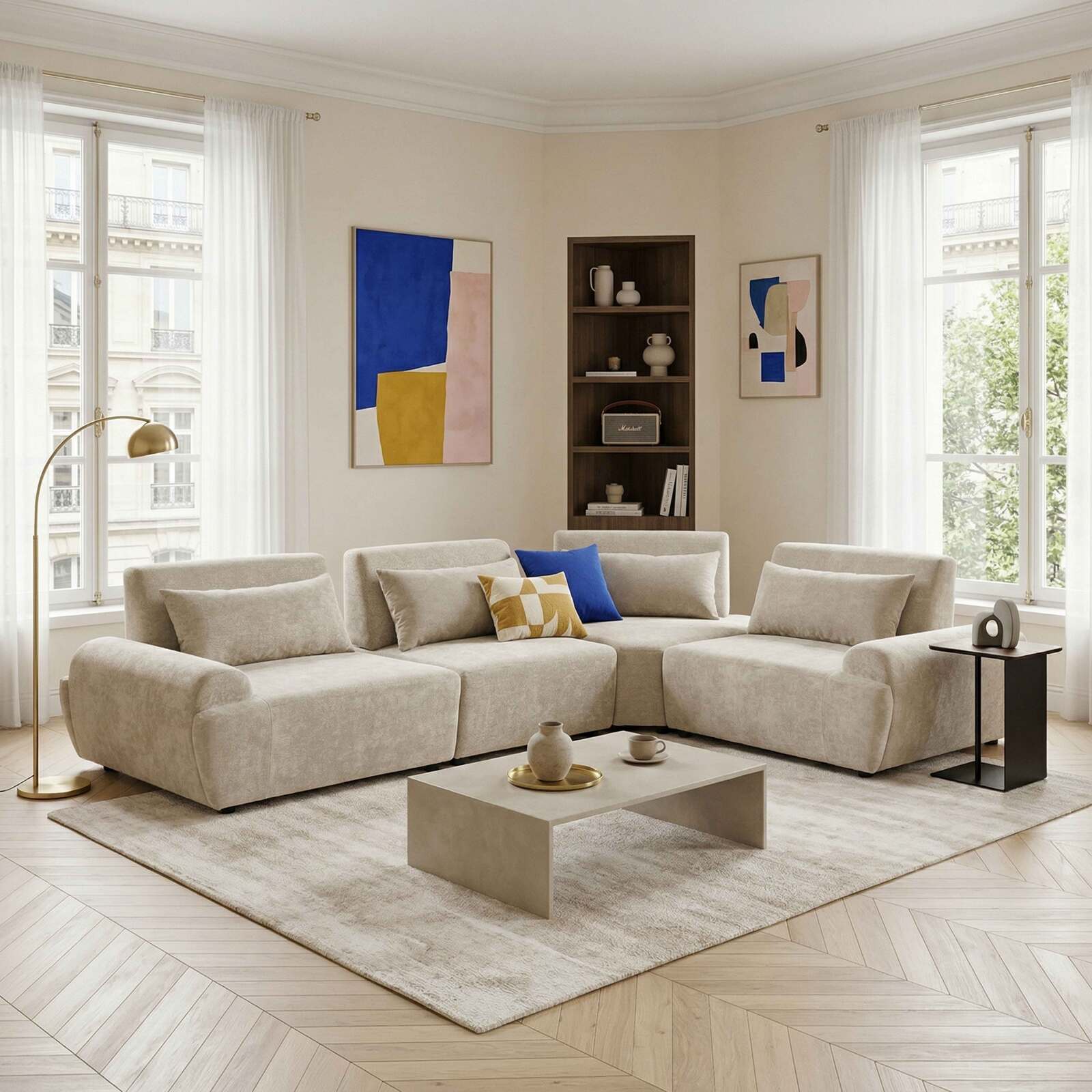 Sofá modular esquinero de 4 plazas de tela con cojines