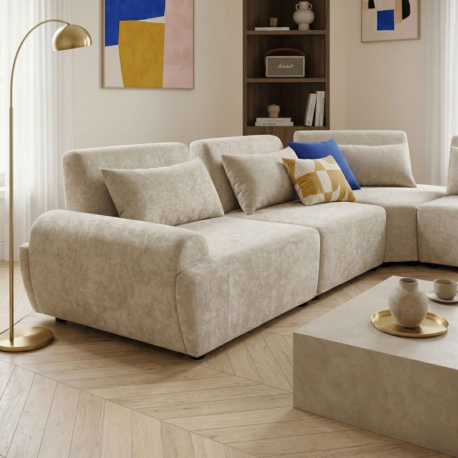 Sofá modular esquinero de 4 plazas de tela con cojines