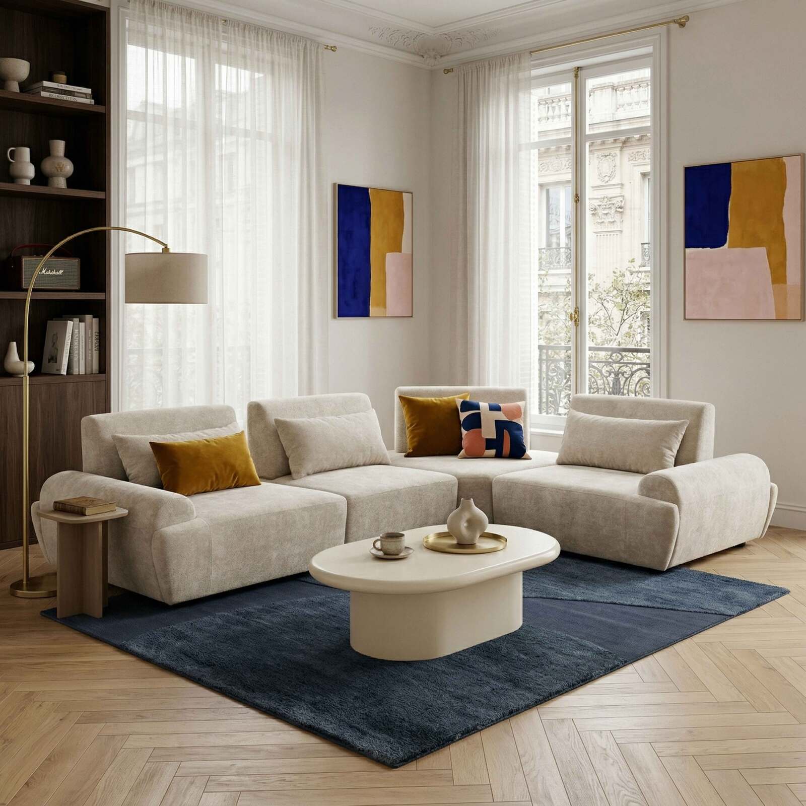 Sofá modular esquinero de 4 plazas de tela con cojines