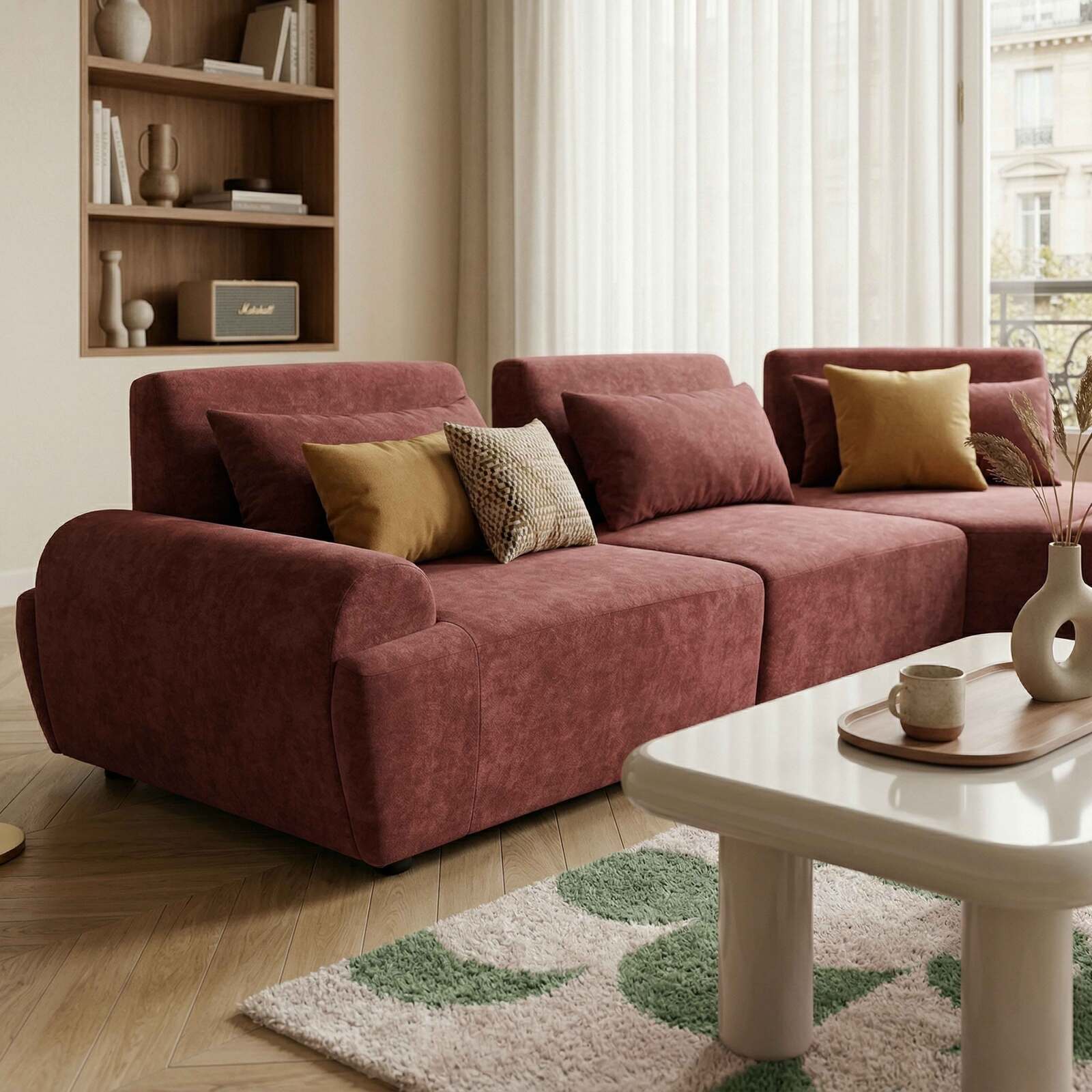 Sofá modular esquinero de 4 plazas de tela con cojines