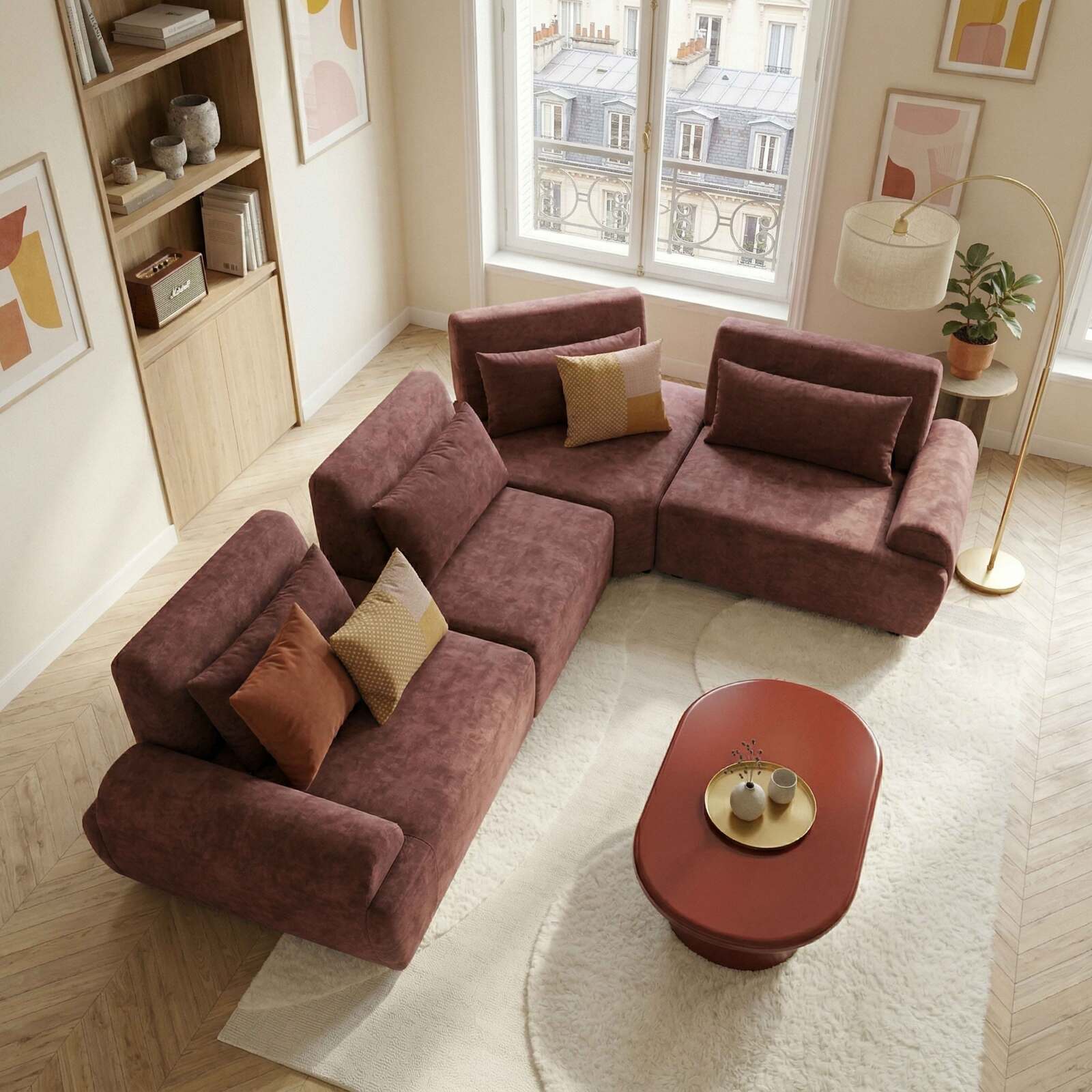 Sofá modular esquinero de 4 plazas de tela con cojines