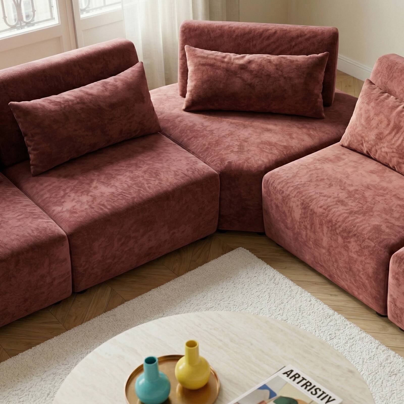 Sofá modular esquinero de 5 plazas de tela con cojines