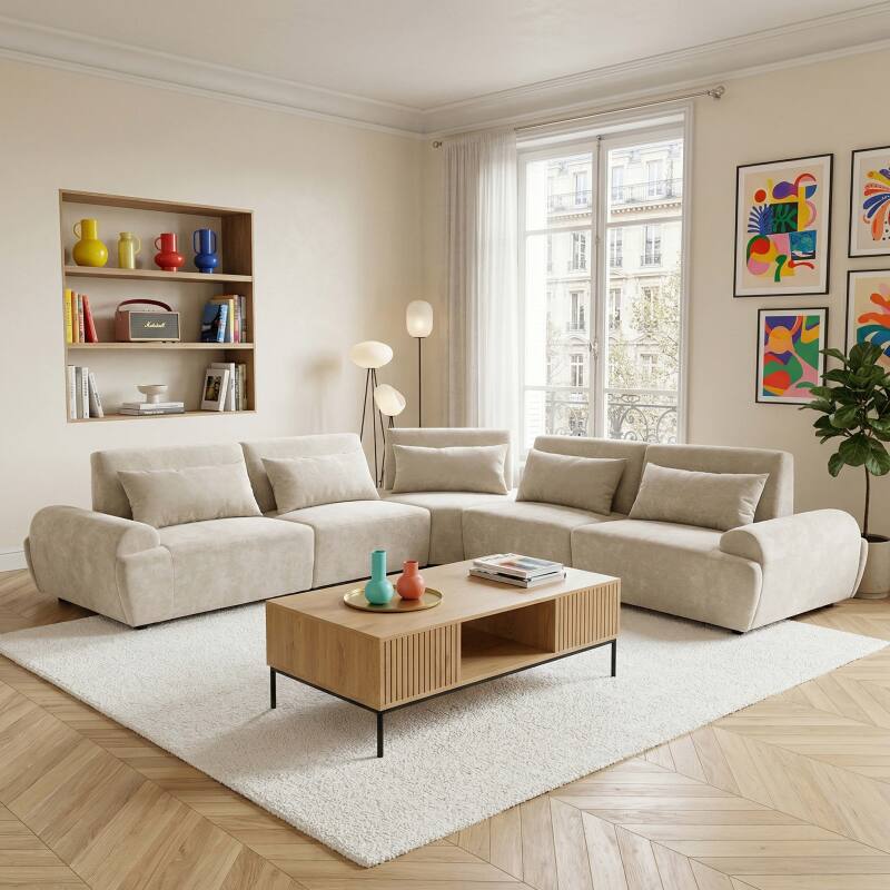 Sofá modular esquinero de 5 plazas de tela con cojines