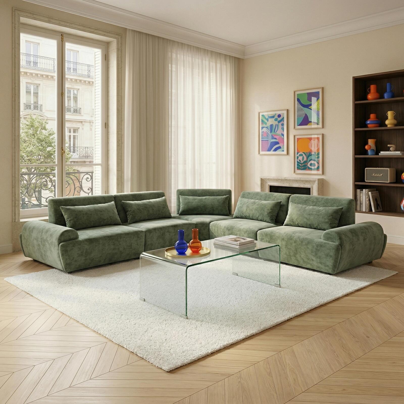 Sofá modular esquinero de 5 plazas de tela con cojines