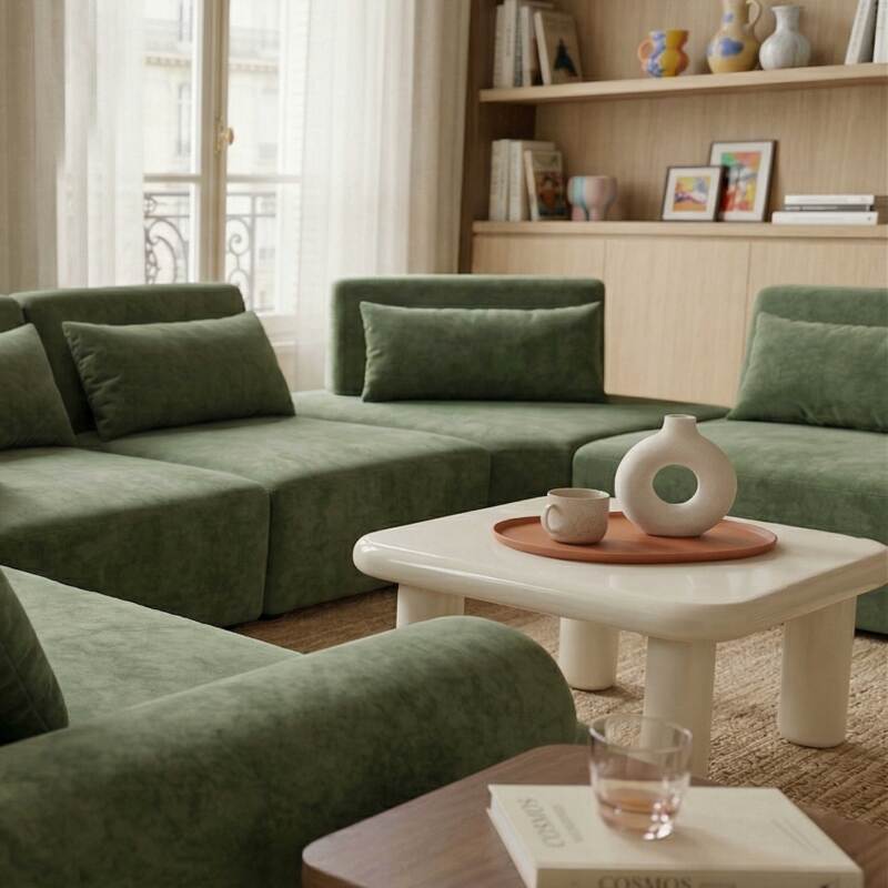 Sofá modular esquinero panorámico de 6 plazas de tela con cojines (4/8)