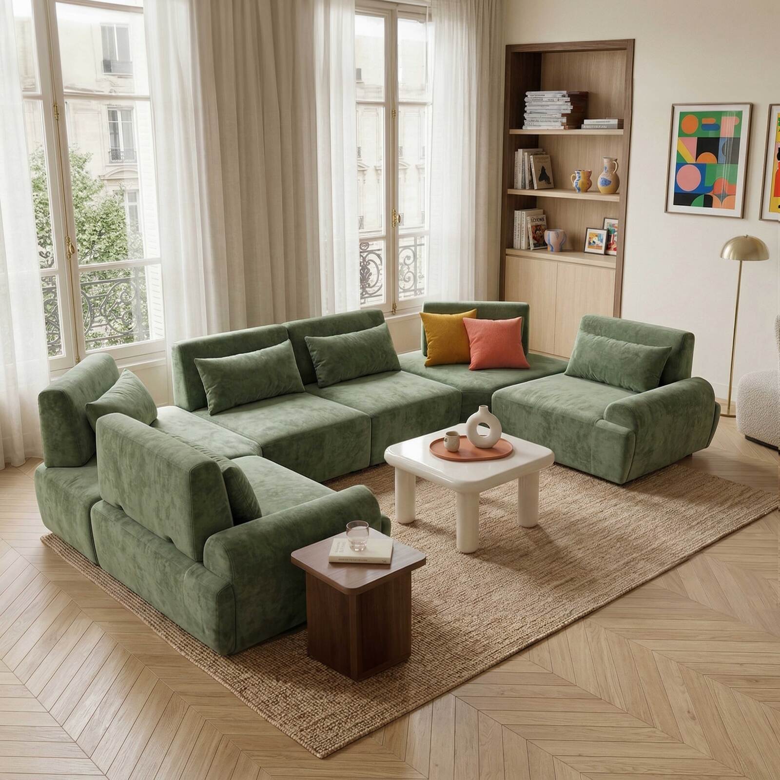 Sofá modular esquinero panorámico de 6 plazas de tela con cojines