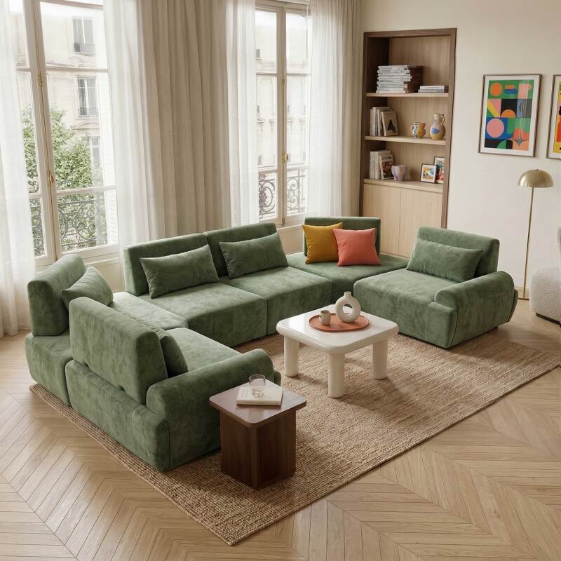Sofá modular esquinero panorámico de 6 plazas de tela con cojines (2/8)