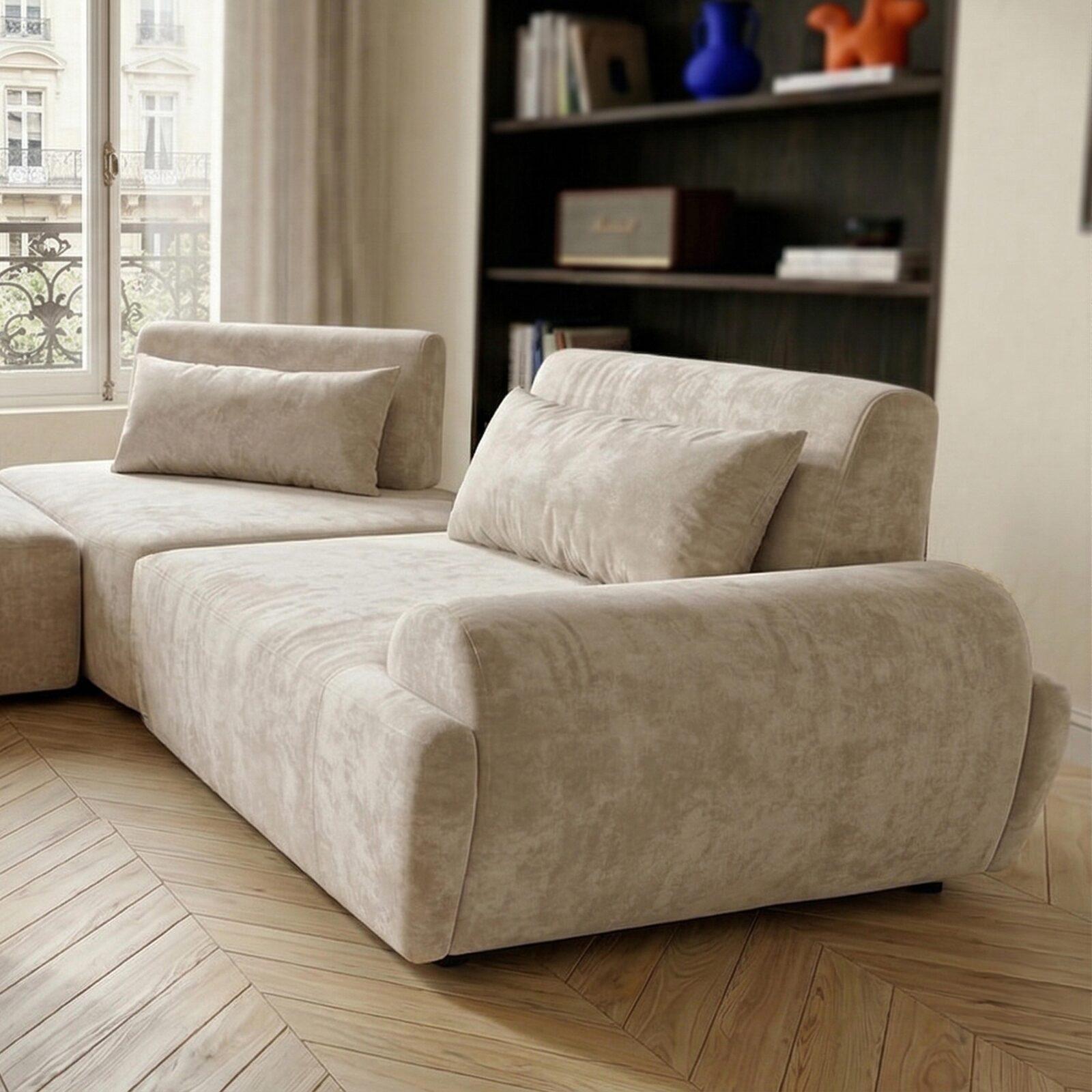 Sofá modular esquinero panorámico de 6 plazas de tela con cojines