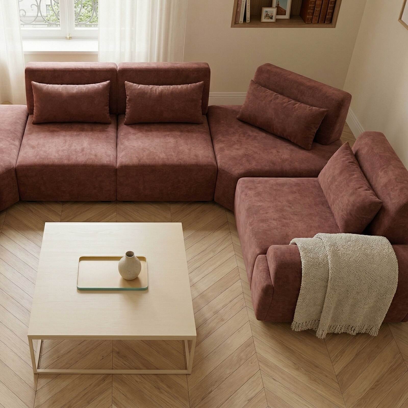 Sofá modular esquinero panorámico de 6 plazas de tela con cojines