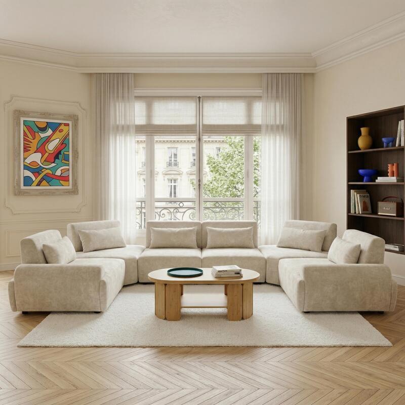 Sofá modular esquinero panorámico de 6 plazas de tela con cojines