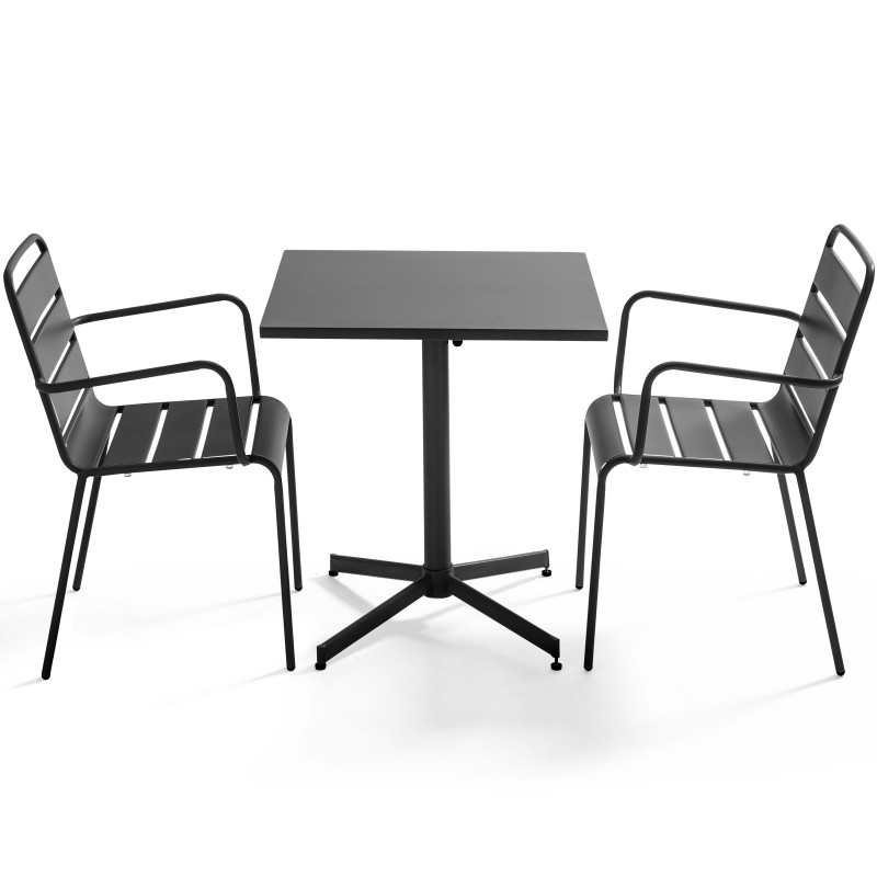 Mesa cuadrada de jardín con tablero plegable 70 x 70 cm y 2 sillas con reposabrazos de metal