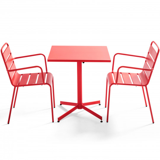 Mesa cuadrada de jardín con tablero plegable 70 x 70 cm y 2 sillas con reposabrazos de metal