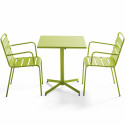 Mesa cuadrada de jardín con tablero plegable 70 x 70 cm y 2 sillas con reposabrazos de metal