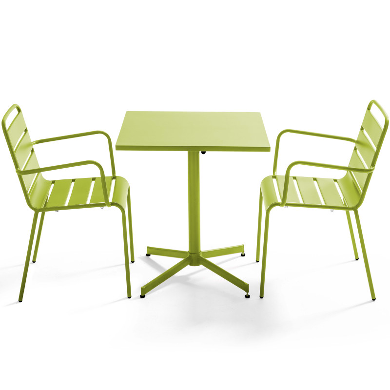 Mesa cuadrada de jardín con tablero plegable 70 x 70 cm y 2 sillas con reposabrazos de metal