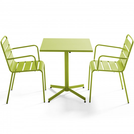 Mesa cuadrada de jardín con tablero plegable 70 x 70 cm y 2 sillas con reposabrazos de metal