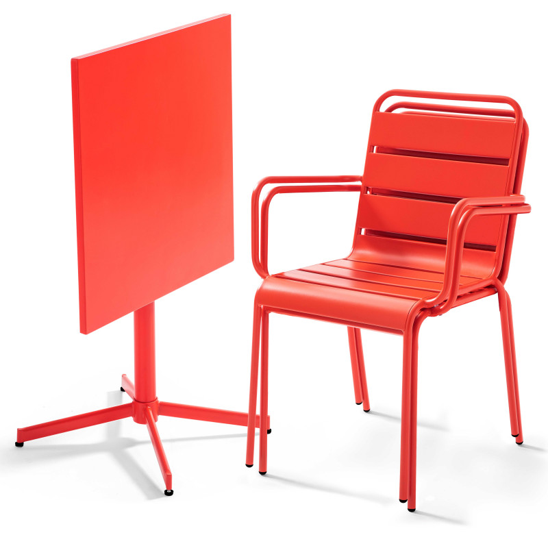 Mesa cuadrada de jardín con tablero plegable 70 x 70 cm y 2 sillas con reposabrazos de metal