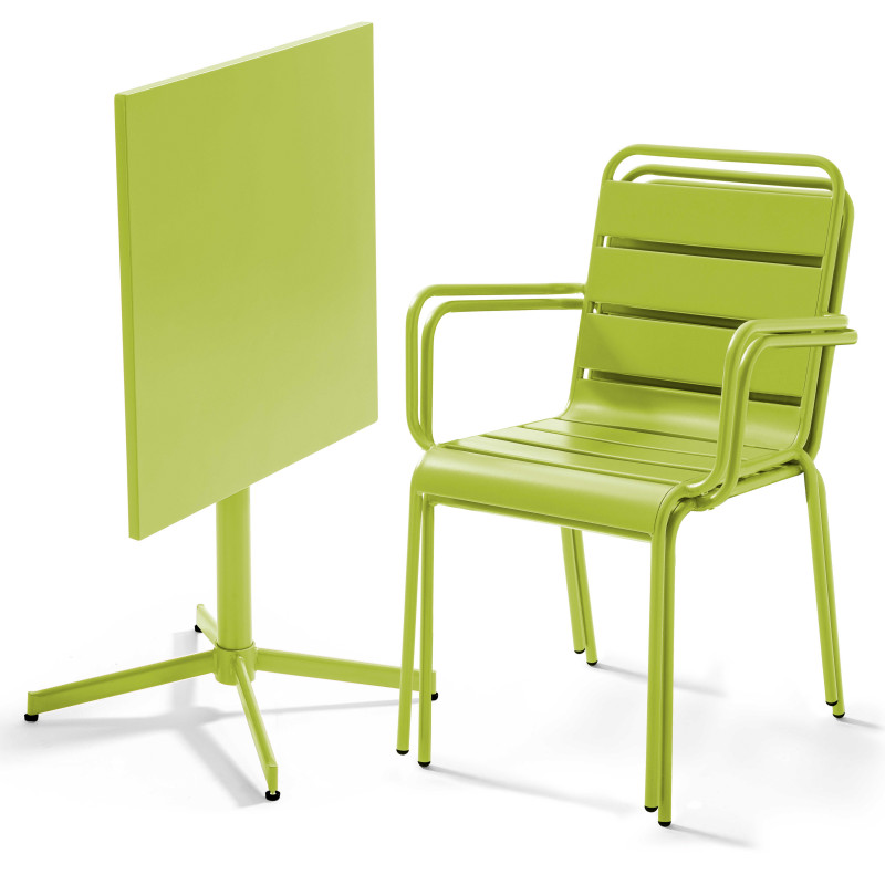 Mesa cuadrada de jardín con tablero plegable 70 x 70 cm y 2 sillas con reposabrazos de metal