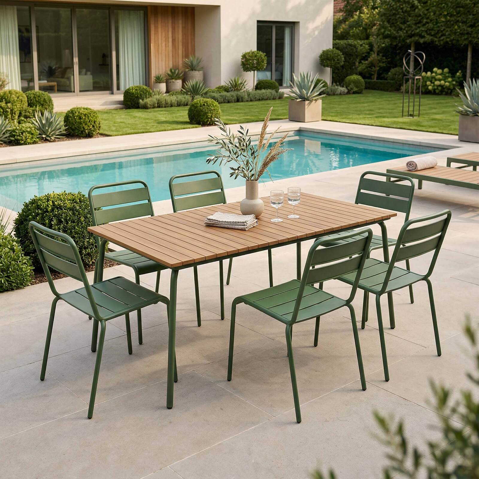 Mesa de jardín efecto madera de metal y polywood 6 personas 160x90 cm
