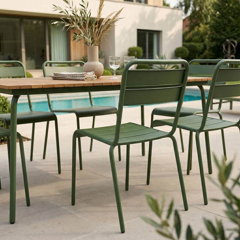 Mesa de jardín efecto madera de metal y polywood 6 personas 160x90 cm (6/8)