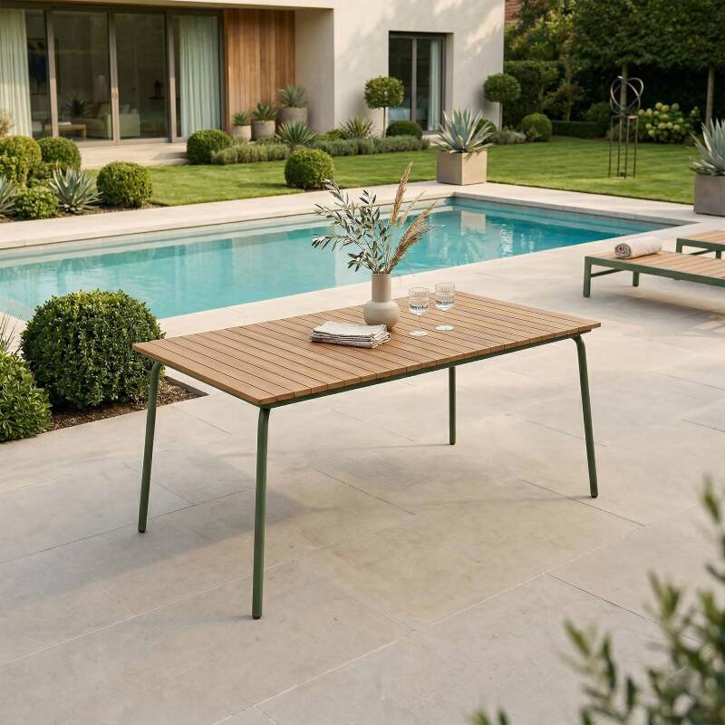 Mesa de jardín efecto madera de metal y polywood 6 personas 160x90 cm