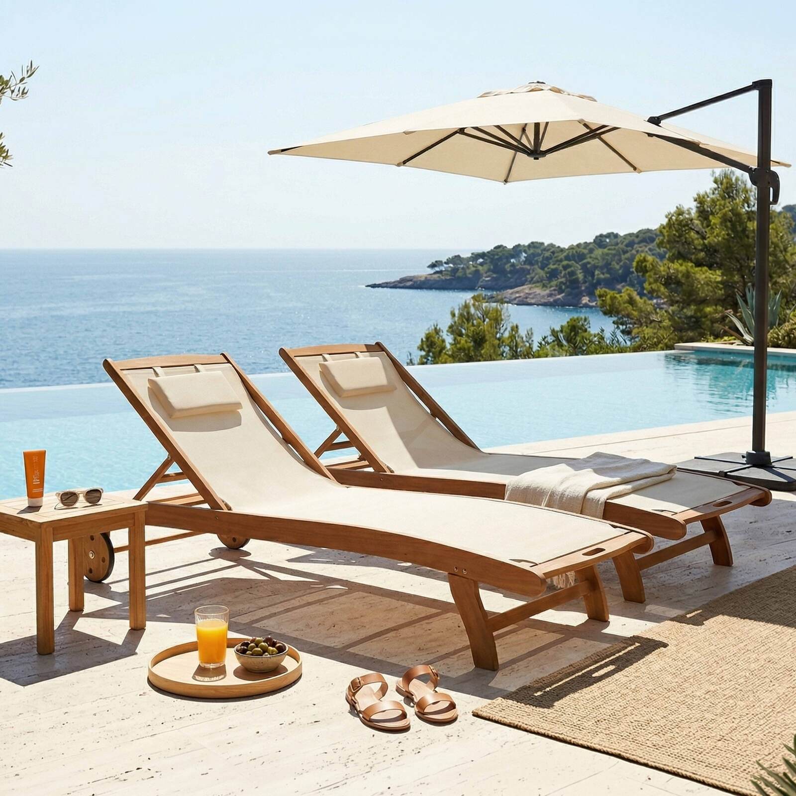 Tumbonas de madera reclinables 5 posiciones con ruedas - Lote de 2