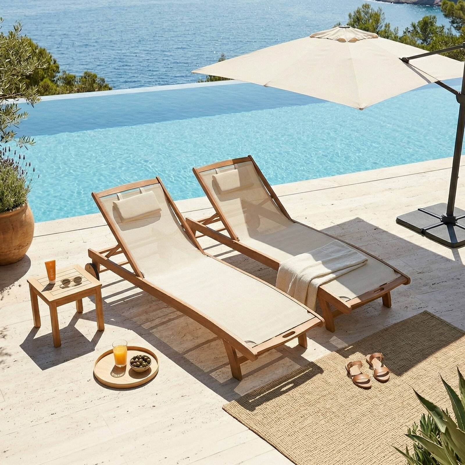 Tumbonas de madera reclinables 5 posiciones con ruedas - Lote de 2