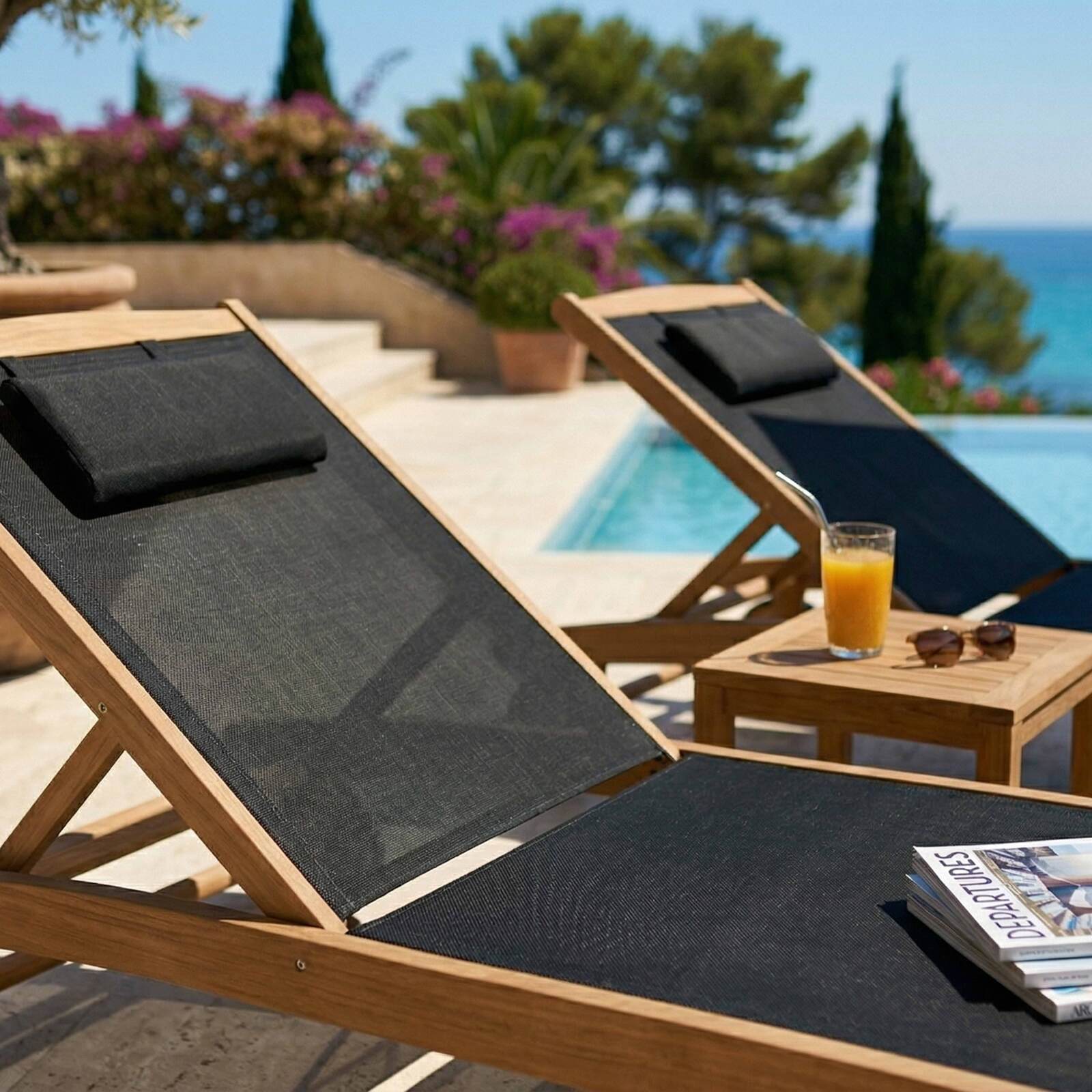 Tumbonas de madera reclinables 5 posiciones con ruedas - Lote de 2