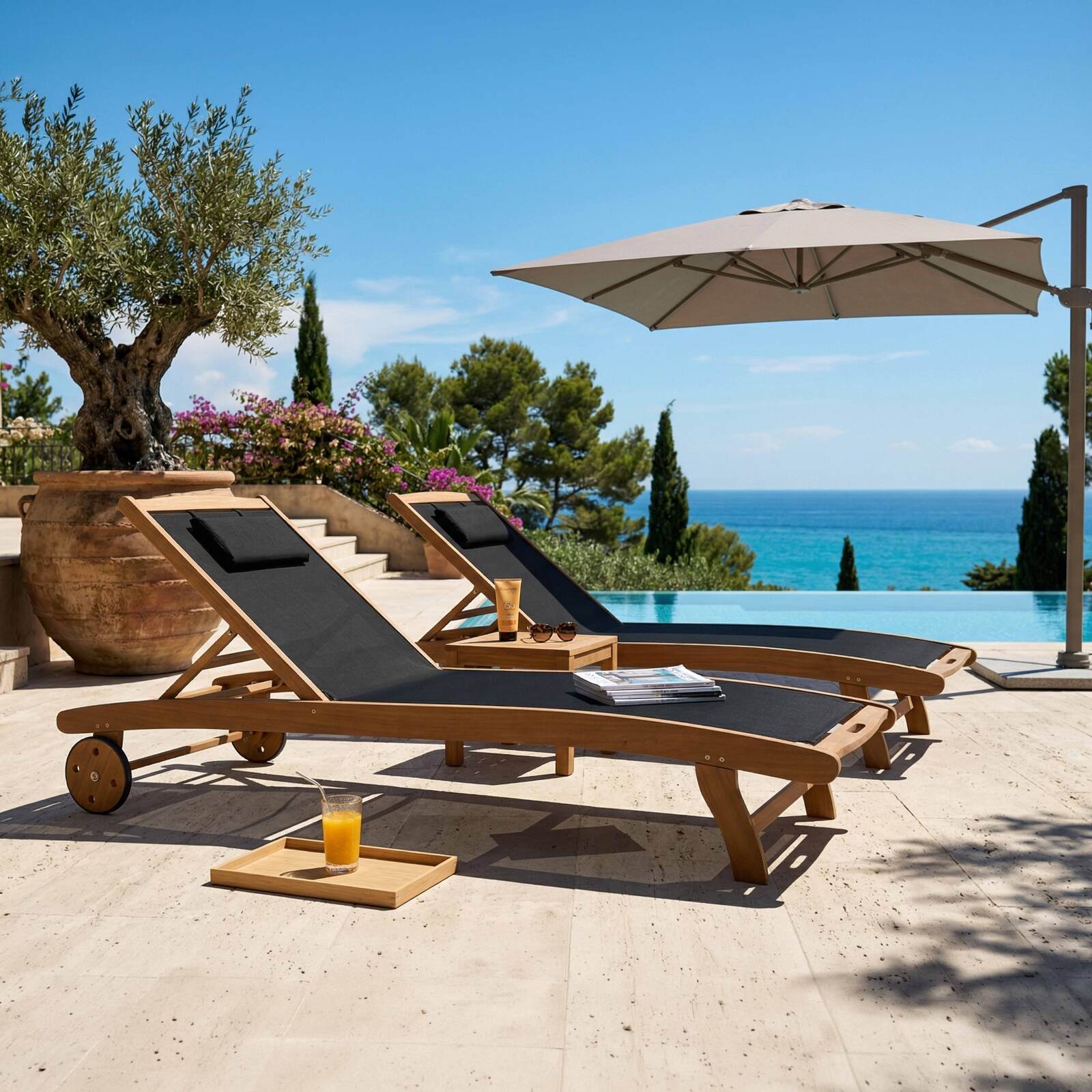 Tumbonas de madera reclinables 5 posiciones con ruedas - Lote de 2