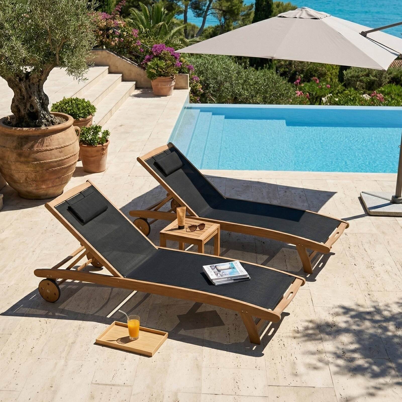 Tumbonas de madera reclinables 5 posiciones con ruedas - Lote de 2