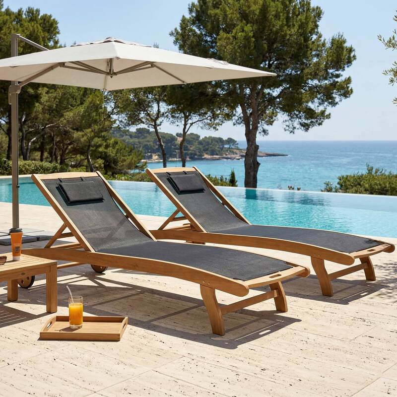 Tumbonas de madera reclinables 5 posiciones con ruedas - Lote de 2 (8/8)