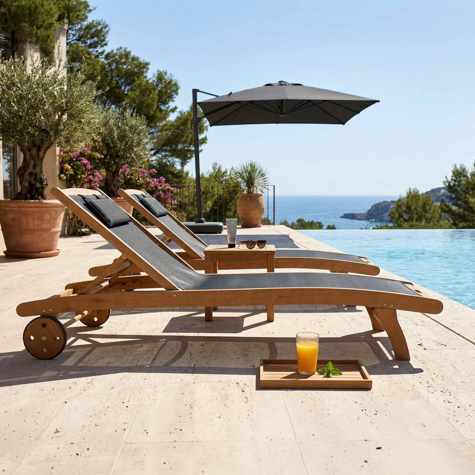 Tumbonas de madera reclinables 5 posiciones con ruedas - Lote de 2