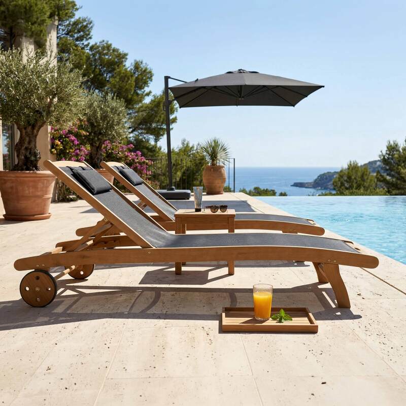Tumbonas de madera reclinables 5 posiciones con ruedas - Lote de 2 (7/8)