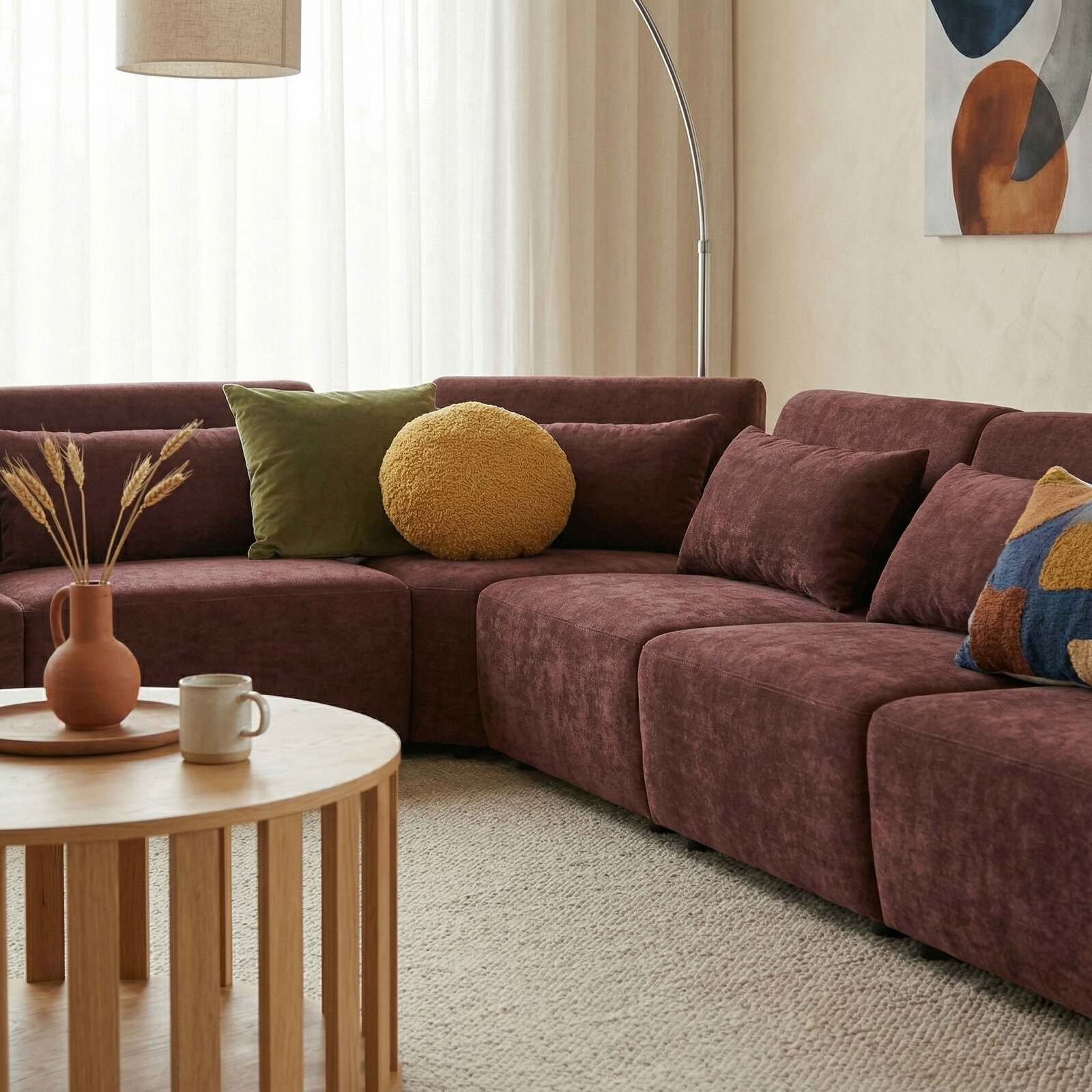 Sofá modular esquinero de 7 plazas de tela con cojines