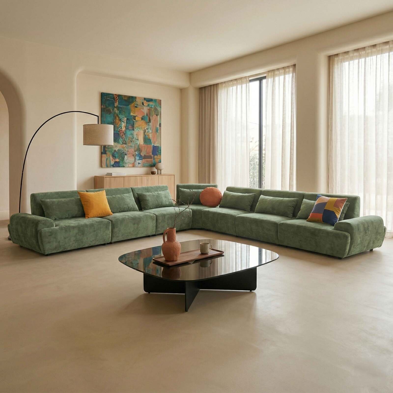 Sofá modular esquinero de 7 plazas de tela con cojines