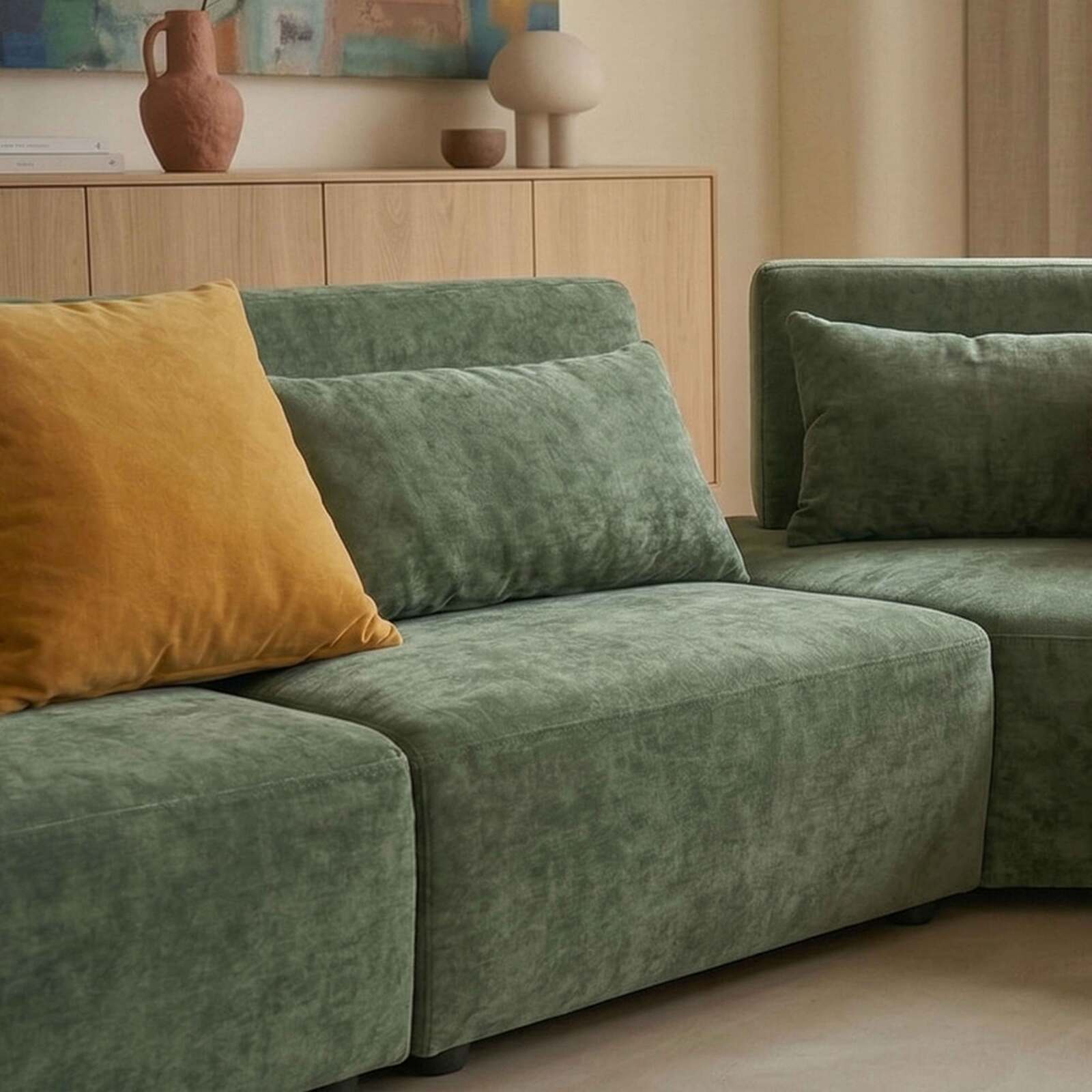 Sofá modular esquinero de 7 plazas de tela con cojines