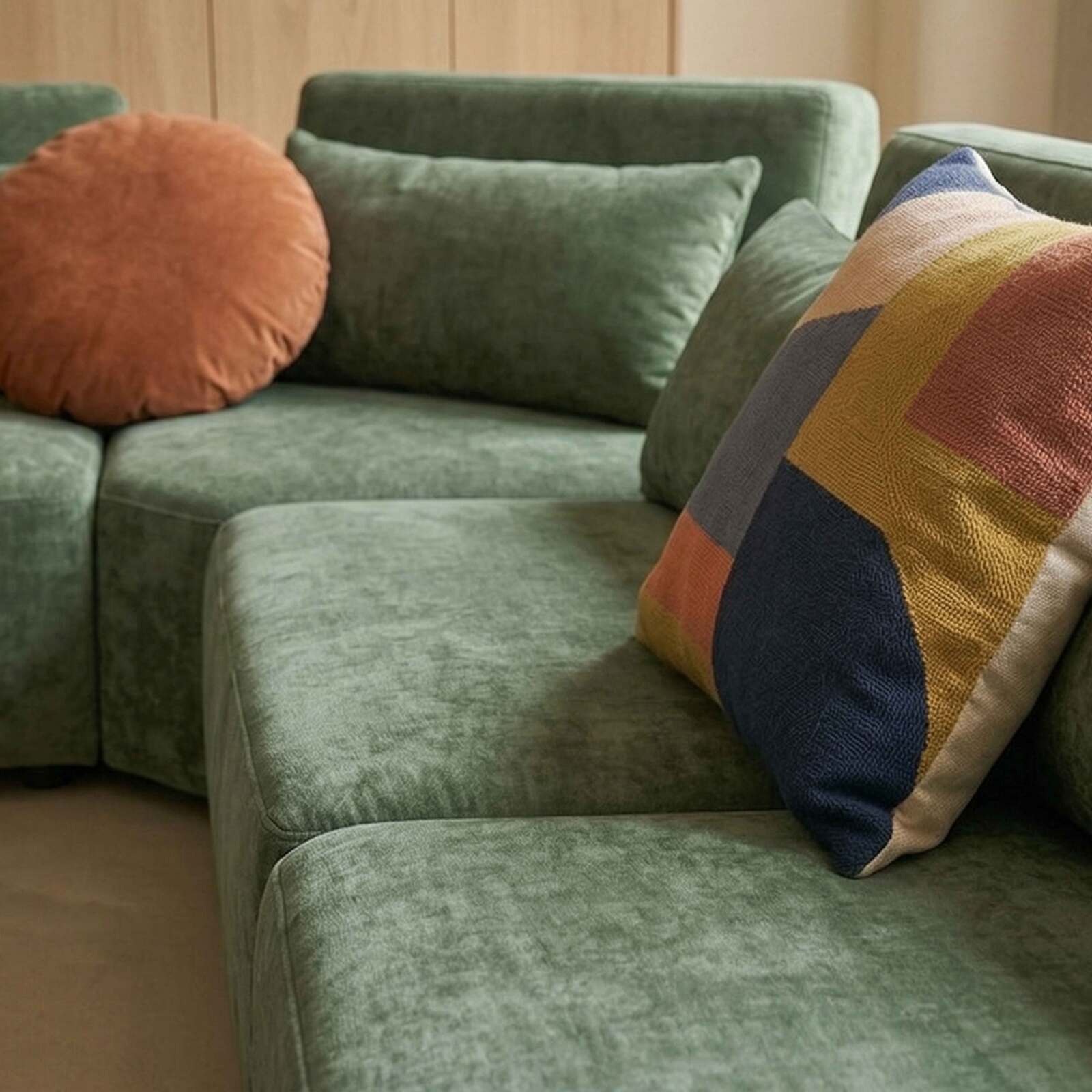 Sofá modular esquinero de 7 plazas de tela con cojines