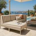 Sofá modular de exterior a rayas para 4 personas con 1 sillón, 1 sillón esquinero, 1 chaise longue y 1 puf