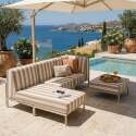 Sofá modular de exterior a rayas para 4 personas con 1 sillón, 1 sillón esquinero, 1 chaise longue y 1 puf