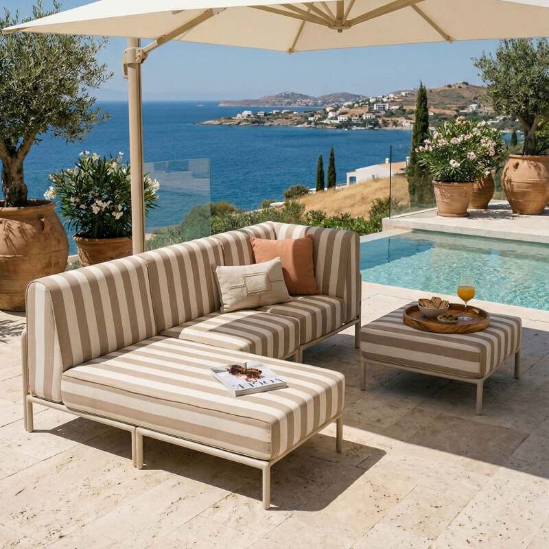 Sofá modular de exterior a rayas para 4 personas con 1 sillón, 1 sillón esquinero, 1 chaise longue y 1 puf