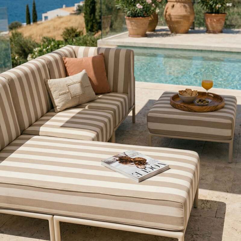 Sofá modular de exterior a rayas para 4 personas con 1 sillón, 1 sillón esquinero, 1 chaise longue y 1 puf (3/8)