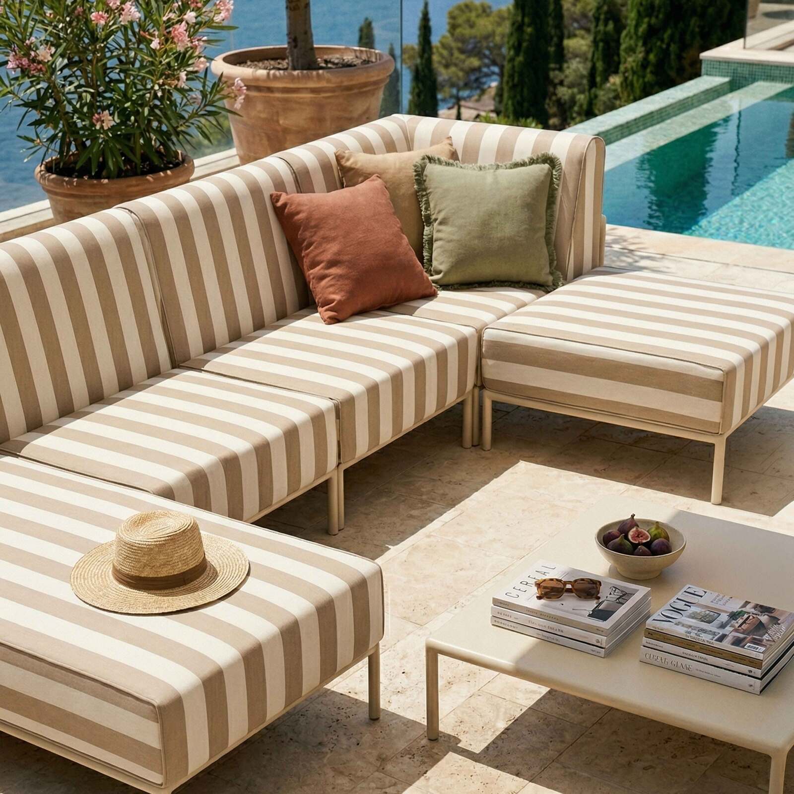 Sofá modular de exterior a rayas para 5 personas con 2 sillones, 1 sillón esquinero, 1 chaise longue y 1 puf