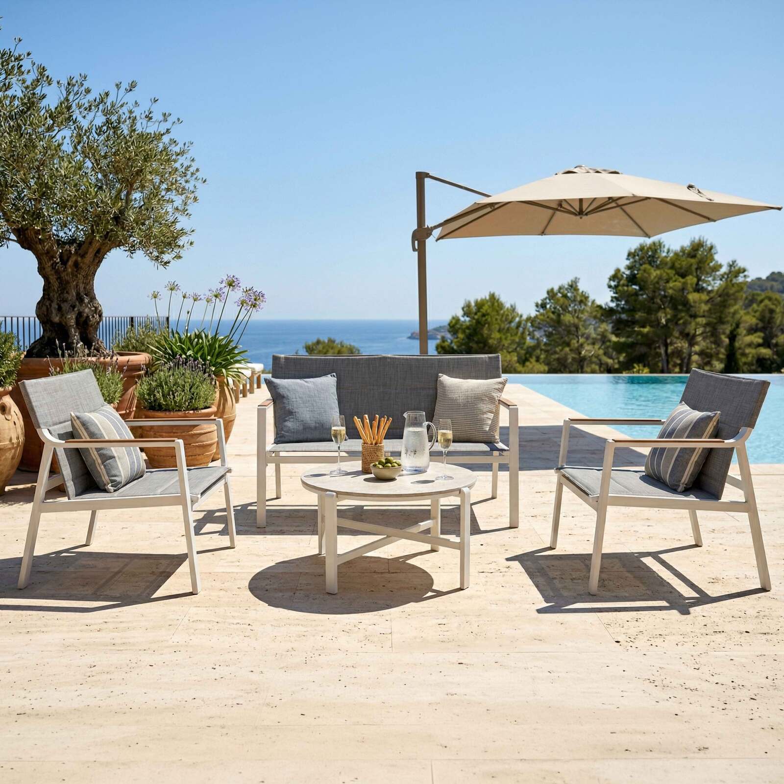 Mueble de jardín de aluminio de 4 plazas con 1 sofá, 2 sillones y mesa de centro