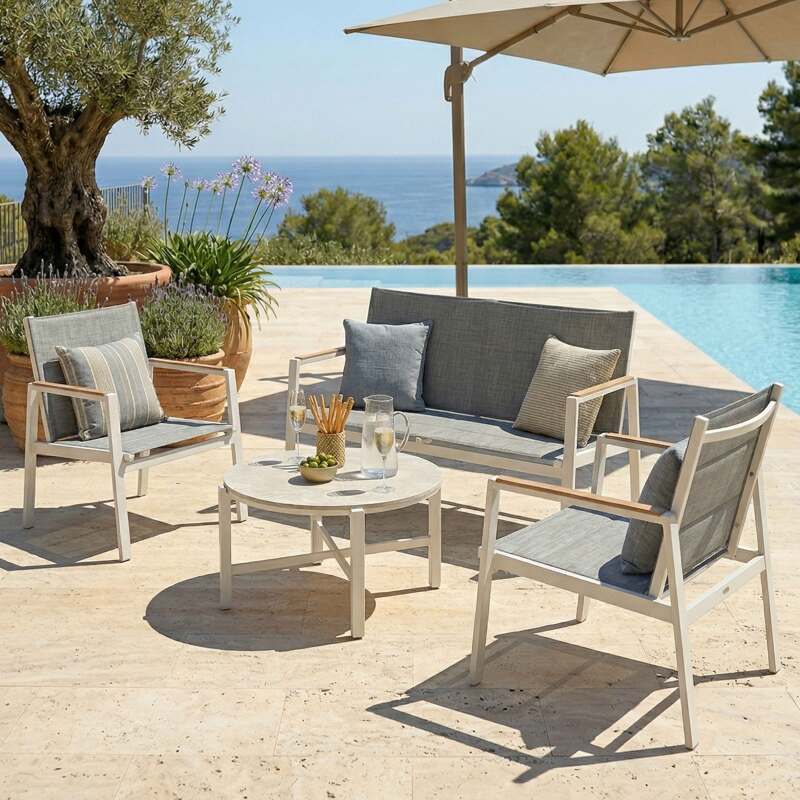 Mueble de jardín de aluminio de 4 plazas con 1 sofá, 2 sillones y mesa de centro (2/10)