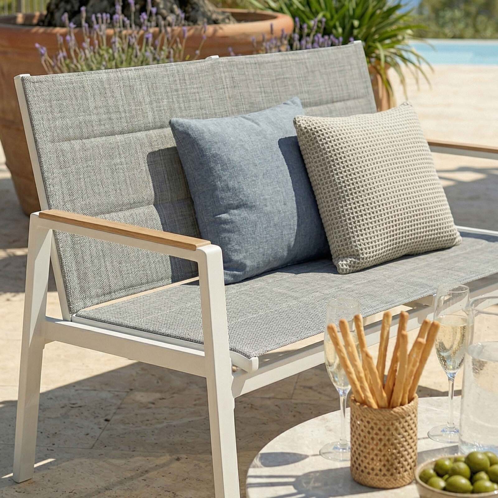 Mueble de jardín de aluminio de 4 plazas con 1 sofá, 2 sillones y mesa de centro