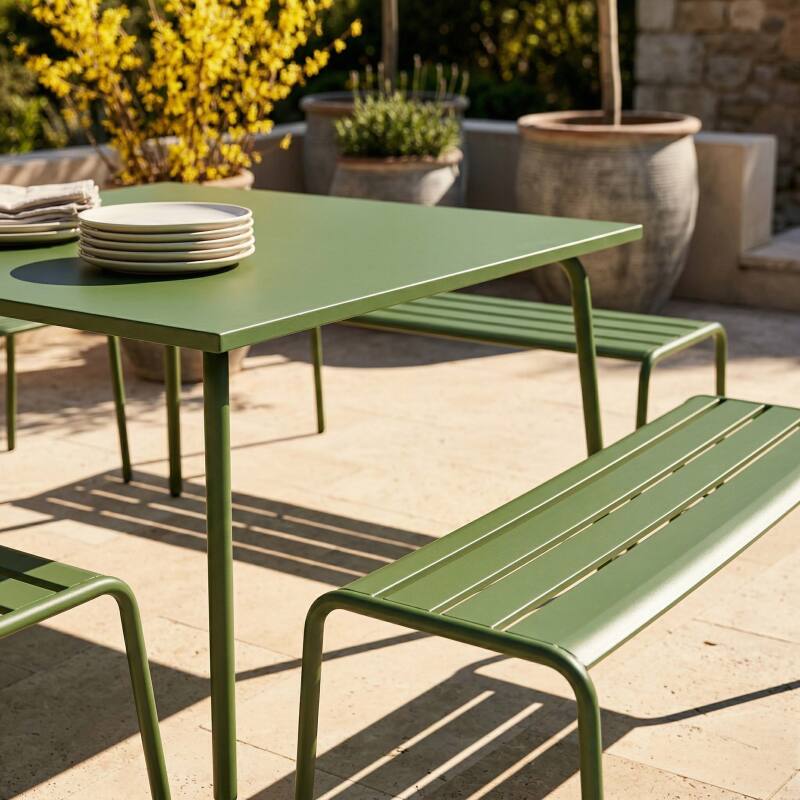 Mesa de jardín cuadrada de metal 120x120 cm y 4 bancos (3/7)