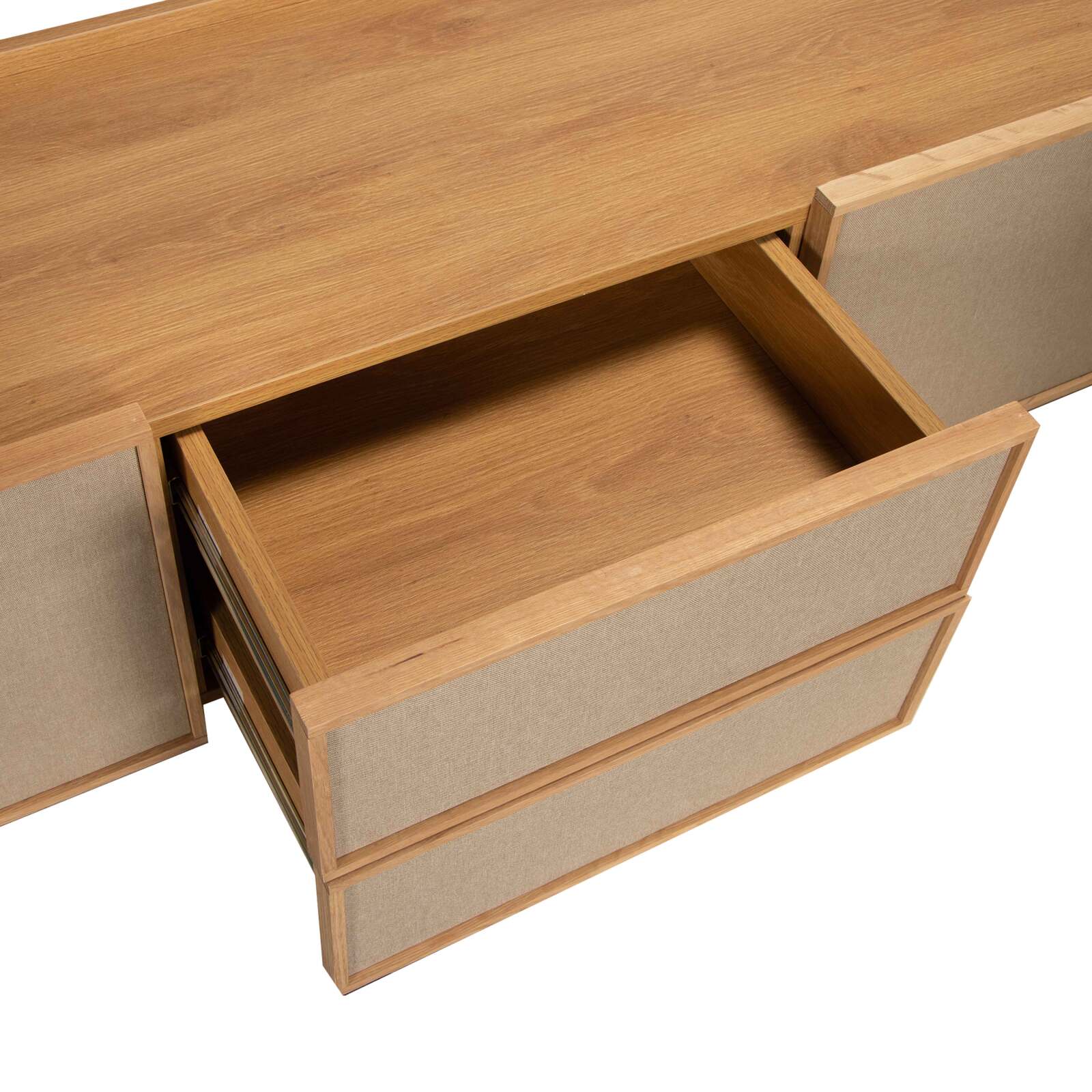 Mueble TV de efecto madera 150 cm en tela estilo escandinavo